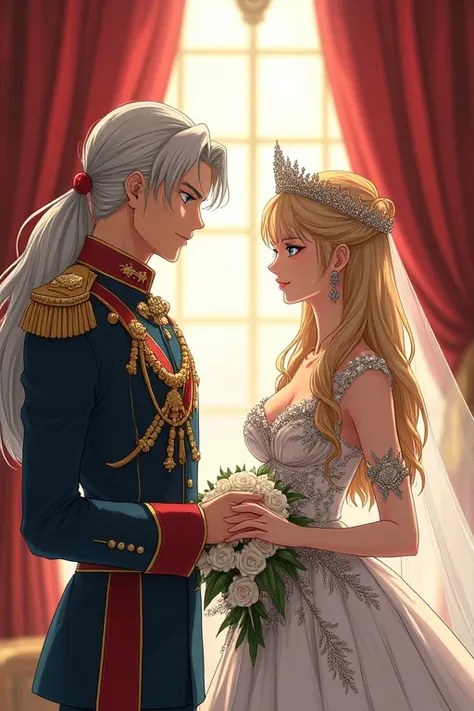 I would like to get an anime-style image of the couple: A tall, handsome, statuesque, courageous adult man is an ash-blond man with long straight silver platinum hair below his shoulders, dressed in ceremonial long military white clothes, he has tanned ski...