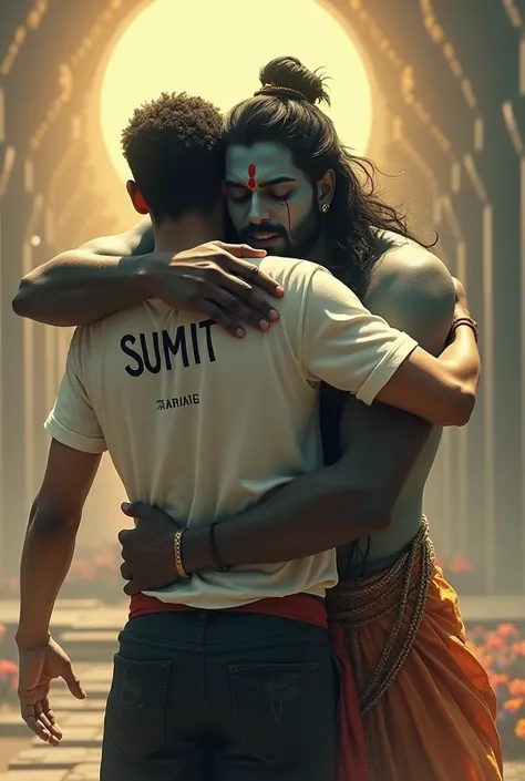 generate an image in which lord shiva hugging a 30 year old men named "sumit" Wearing white shirt and black pant in hindu heaven and both are crying and the name of men "sumit" dispalyed in his back jn bold lettera  