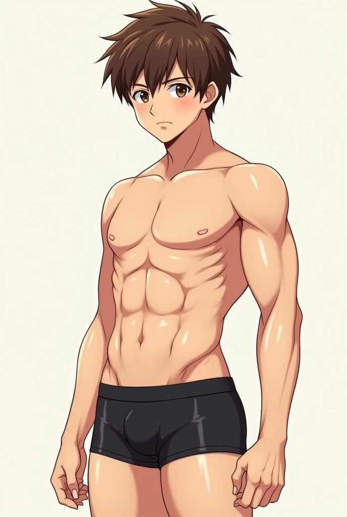 Anime, teenager boy, handsome, athletics muscular, 168cm height , brown hair, white skinned, only wearing black boxer underwear, medium bulge, anime