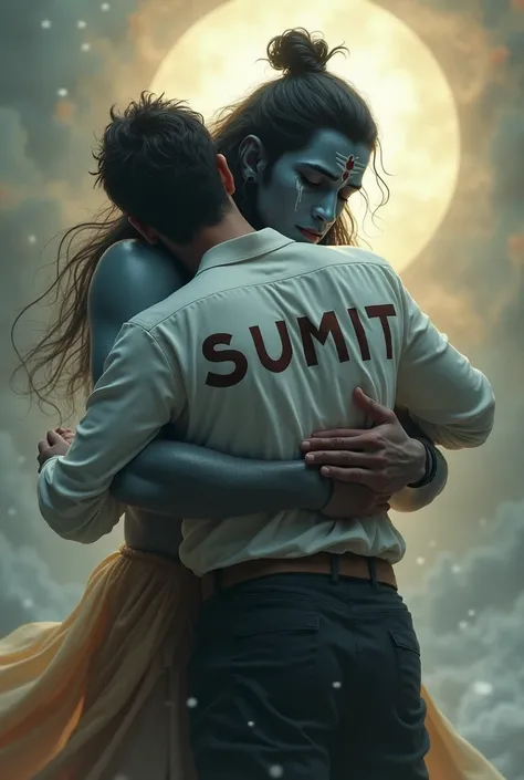 generate an image in which lord shiva hugging a 30 year old men named "sumit" Wearing white shirt and black pant in hindu heaven and both are crying and the name of men "sumit" dispalyed in his back jn bold lettera  