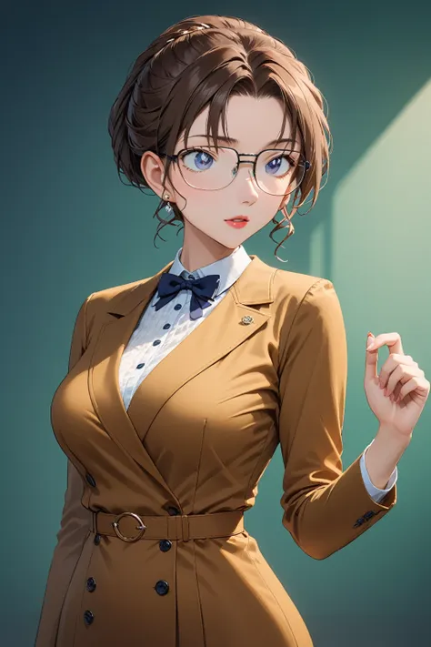 dress，a beautiful  woman， brown hair, （solo：1.2），（highest quality，extremely clear，masterpiece：1.2），with glasses，full-body shot