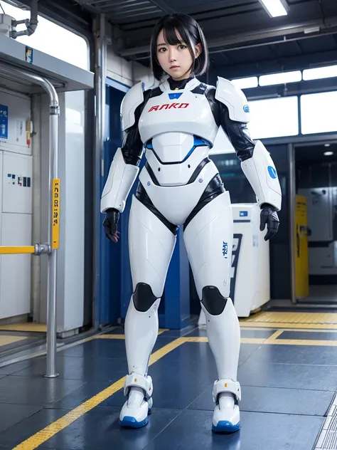 Japanese female android,Black Hair,White and blue robot suit,Plump,I am standing on the station platform.,