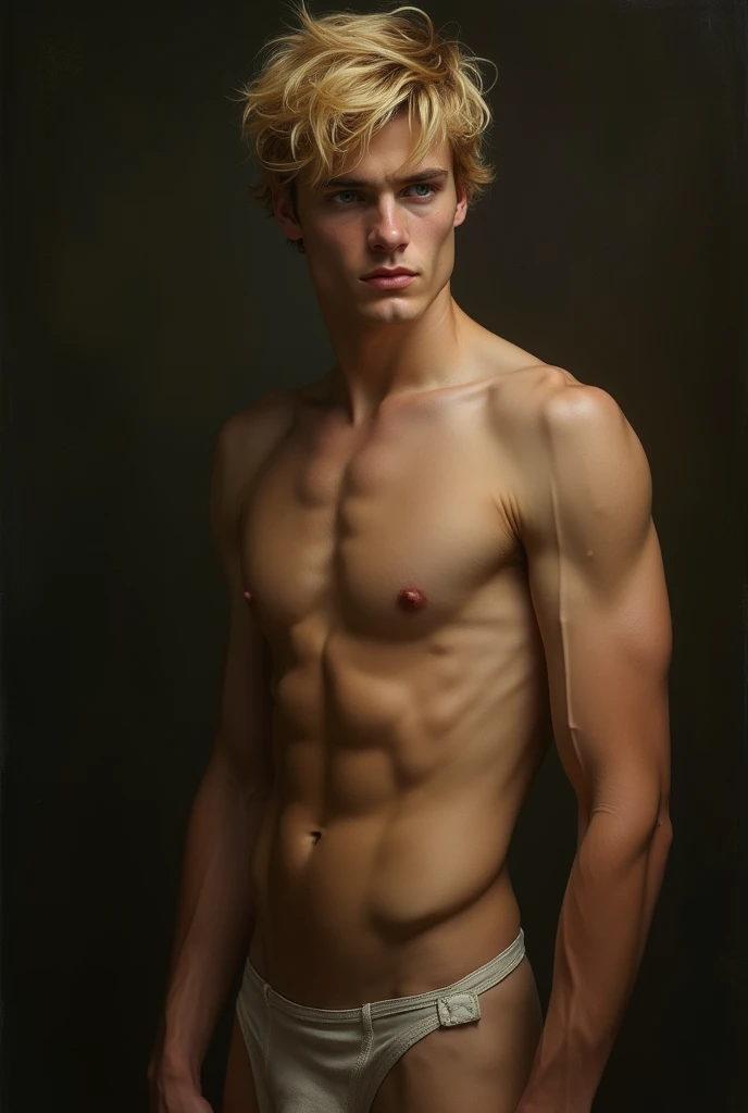 a young male with blond hair nude, muscular male body, detailed anatomy, realistic skin texture, chiaroscuro lighting, dramatic shadows, oil painting, classical style, cinematic composition, hyper-detailed, masterpiece