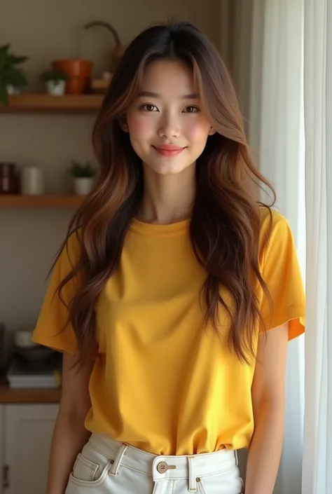 Yellow t shirt white jeans wearing beutiful girl at Long hair home