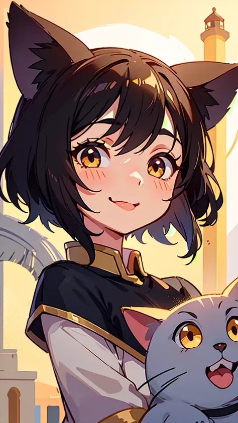 1 girl、shiny black hair、long eyelashes、round eyes、fake animal ears、smile、tooth、short hair、cat ear、tongue、upper body close-up、gol...