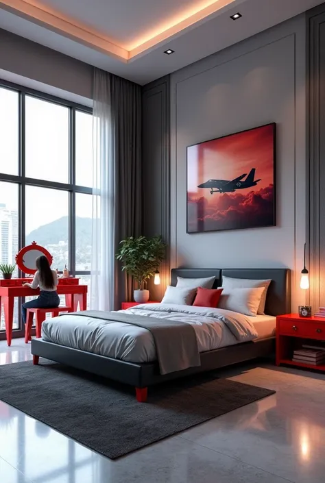 Professional 3d architecture rendering design of modern   girl teenage  room with modern dark bed and  light  shinty silver blanket and sheets modern   red glassy makeup table and glassy  chairand  glassy  red glassy piano And modern windows  and beautiful...