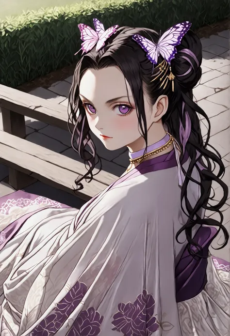 ((((shinobu kocho from demon slayer)))),((((wearing a white see through saree with fading pink at the end and her black lines cracking ground pattern on her saree)))), deep purple eyes with no visible pupils , in park, human body structure, no ornaments, p...