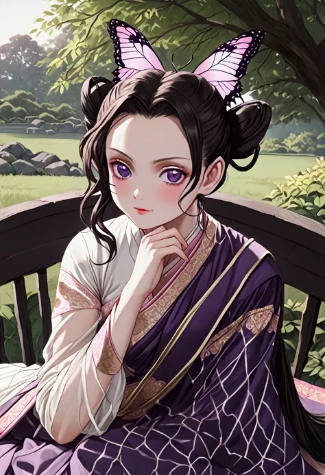 ((((shinobu kocho from demon slayer)))),((((wearing a white see through saree with fading pink at the end and her black lines cracking ground pattern on her saree)))), deep purple eyes with no visible pupils , in park, human body structure, no ornaments, p...