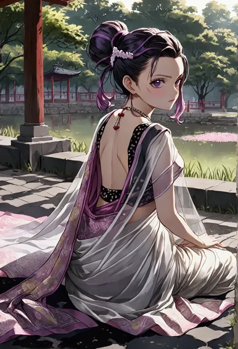 ((((shinobu kocho from demon slayer)))),((((wearing a white see through saree with fading pink at the end and her black lines cracking ground pattern on her saree)))), deep purple eyes with no visible pupils , in park, human body structure, no ornaments, p...