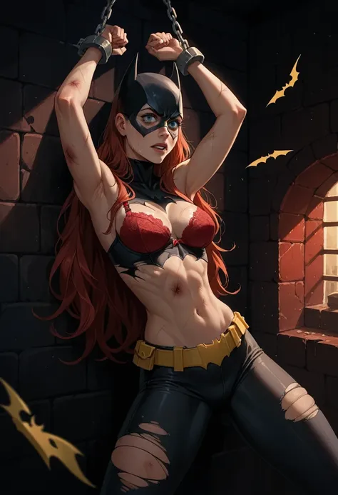 batgirl, red hair, torn clothes, arms outstretched, shackles on their wrists, chained, in a dungeon, red bra, the red house, bru...