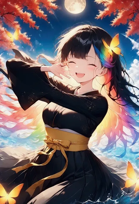 A woman winking,Rainbow Hair,Long Hair,Black kimono,Shoulder,Yellow belt,samurai　Yellow butterfly,night,shoulder,old,garden,water surface　dance,Japanese sword,Swing down　moon　star　Draw your sword　Slashing　Catch the wind　autumn