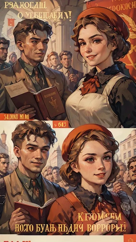 (best quality:1.2), people holding red,the book cover has the words &quot;das kapital&quot;，smile, profile,dynamic angle， soviet...