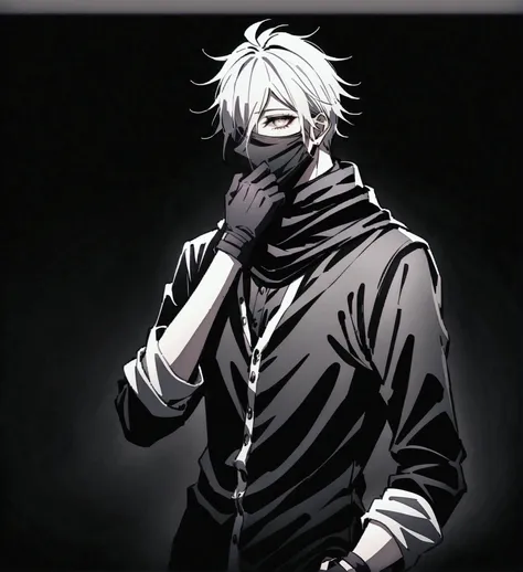 anime male, white hair professional hair, half white comedy mask on half of the face, black scarf, black unbuttoned priest dress...