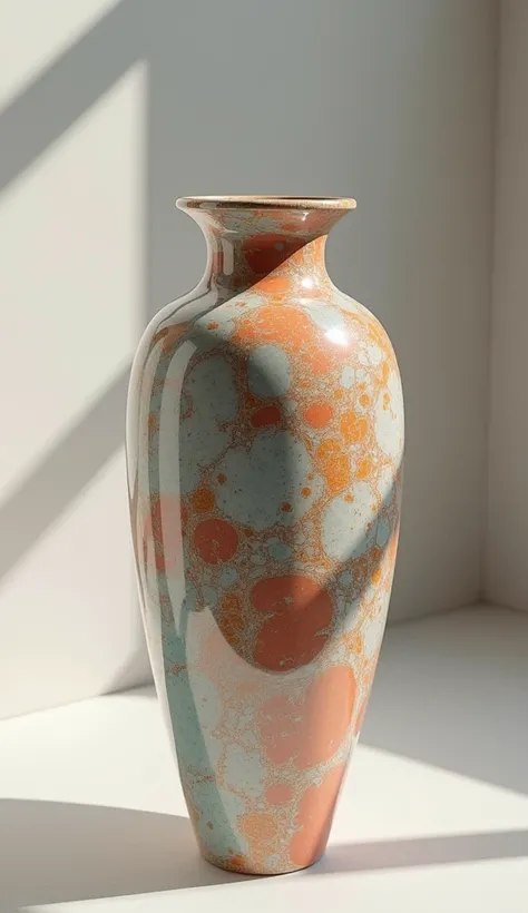 ceramic art works, tall vase with a random color marble pattern, shiny glossy, shadows, contrast, conceptual installation art, (ultra detailed, absolutely resolution, best quality:1.3), 2.5D, delicate and dynamic, lighting effects, artistic photography, hy...