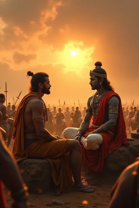 

In the background, the battlefield of Kurukshetra is visible, with the armies of Pandavas and Kauravas gathered in preparation for war. The sun is setting, casting a golden glow over the scene. The image conveys the moment when Krishna, as the charioteer...