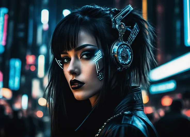 (a girl with a beautiful face), at night, cyber punk city, dark, it&#39;s raining, neon light , (), cyber punk, synthwave, 1980s...