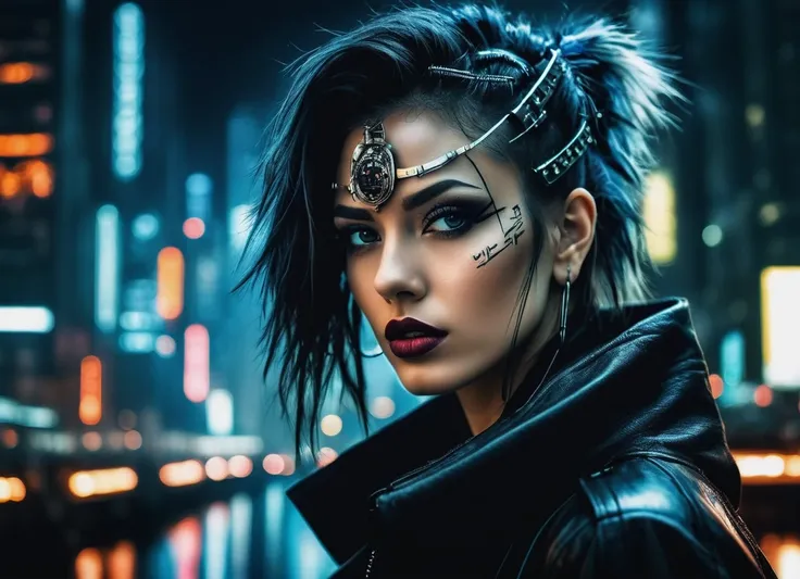 (a girl with a beautiful face), at night, cyber punk city, dark, it&#39;s raining, neon light , (), cyber punk, synthwave, 1980s...