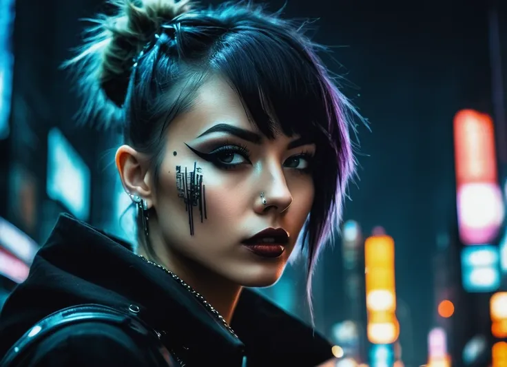 (a girl with a beautiful face), at night, cyber punk city, dark, it&#39;s raining, neon light , (), cyber punk, synthwave, 1980s...