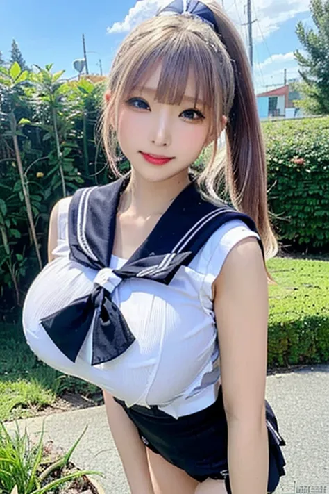 (Highest quality, 8k, 32K, masterpiece, Ultra-high resolution:1.5), Cute Japanese Girl, (Huge breasts:1.2), Long black hair,ponytail, bangs, (school uniform), Tight waist, (Outdoor, garden, blue sky),(high school girl), (oily skin:1.5), (sailor suit:1.5), ...