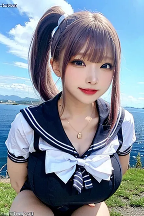 (Highest quality, 8k, 32K, masterpiece, Ultra-high resolution:1.5), Cute Japanese Girl, (Huge breasts:1.2), Long black hair,ponytail, bangs, (school uniform), Tight waist, (Outdoor, garden, blue sky),(high school girl), (oily skin:1.5), (sailor suit:1.5), ...