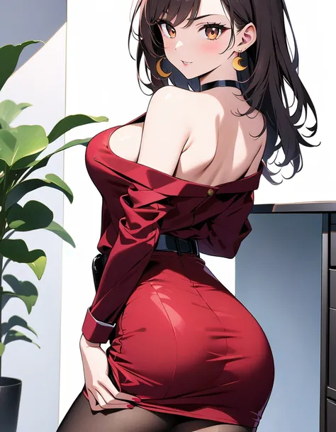 Close-up shot of a sultry CEO, set against a sleek white wall and gray table in a modern office. Her enchanting brown eyes raise an eyebrow, smizing at the viewer with malicious teasing. A bright red crescent moon smile hints at mischief as she wears a bla...