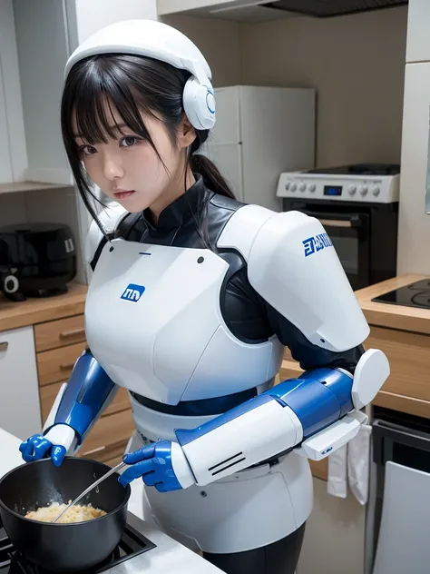 Japanese female android,Black Hair,White and blue robot suit,Plump,Cooking in the kitchen,