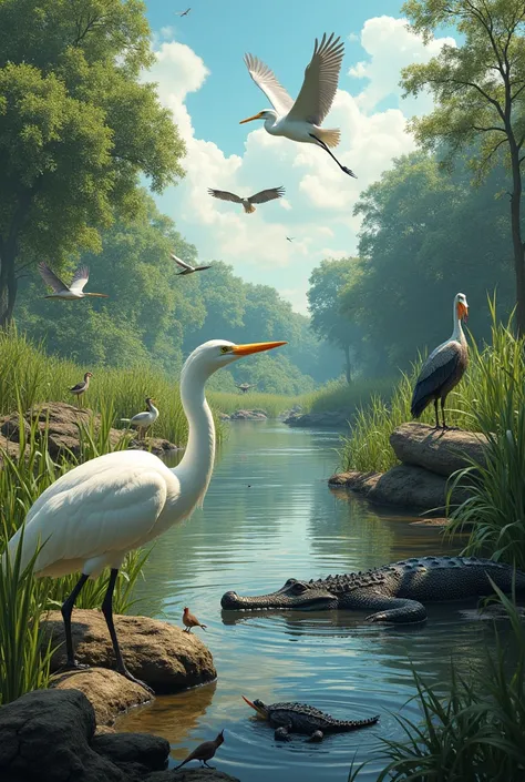 Great White Egret, pelican, Little Egret, musk rat, beak, water moccasin, alligator, black heron, dragonfly, pond turtle, white ibis, white-tailed deer, Cormorant, the little sultana, Bald Eagle.