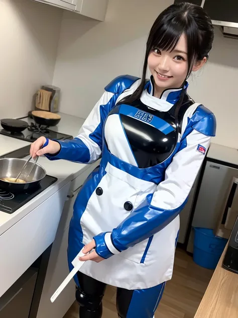 Japanese female android,Black Hair,White and blue robot suit,Plump,Cooking in the kitchen,smile