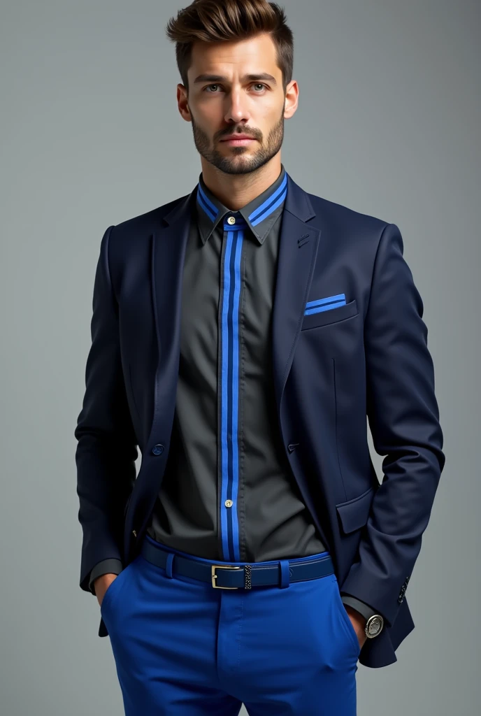 a man wearing dark gray dress shirt with bright blue stripes with a  blue pent with navy blue jacket 