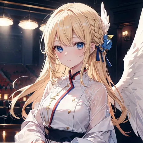 (Very detailed8K壁紙),(Very detailed),(Highest quality),(masterpiece),(Very detailed),(Cinema Lighting),(original),Warm Light，Angel of the Wind, Lady, Blonde，Blue Eyes