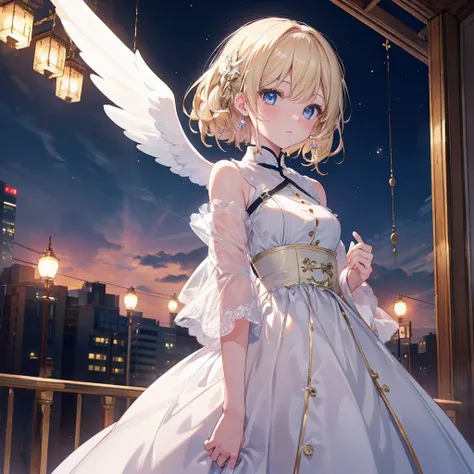 (Very detailed8K壁紙),(Very detailed),(Highest quality),(masterpiece),(Very detailed),(Cinema Lighting),(original),Warm Light，Angel of the Wind, Lady, Blonde，Blue Eyes