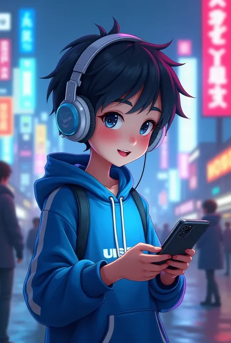 Anak anime remaja laki laki memakai baju berwarna biru memakai headset dan menggunakan handphone 