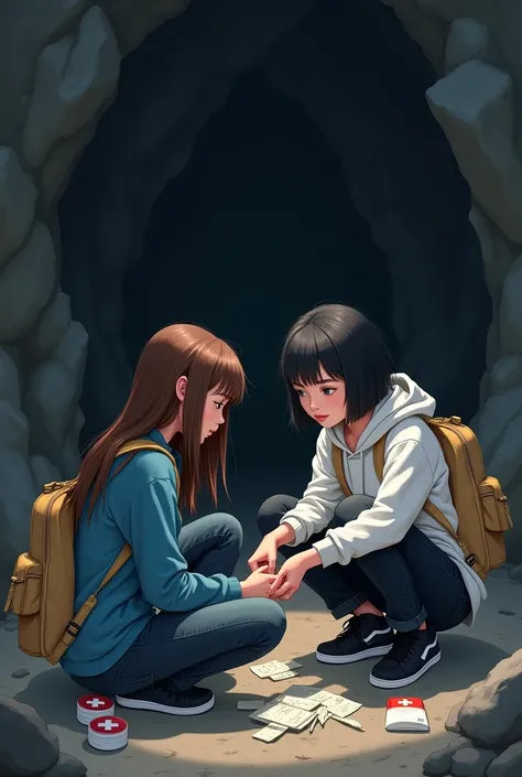 2 girls, one have long brown hair wearing blue shirt and jeans, other one have short black hair wearing white hoodie and black jean. both wearing black sneakers and carrying light brown backpack. Holding med kit and bandages, sitting down. Inside a dark ca...