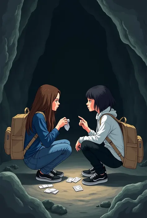 2 girls, one have long brown hair wearing blue shirt and jeans, other one have short black hair wearing white hoodie and black jean. both wearing black sneakers and carrying light brown backpack. Holding med kit and bandages, sitting down. Inside a dark ca...