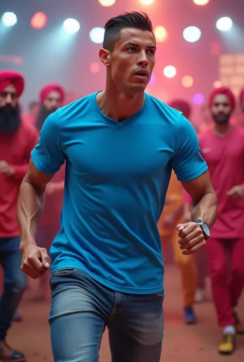 Ronaldo wearing tshirt blue colour and dance on 
Punjabi song vedio
