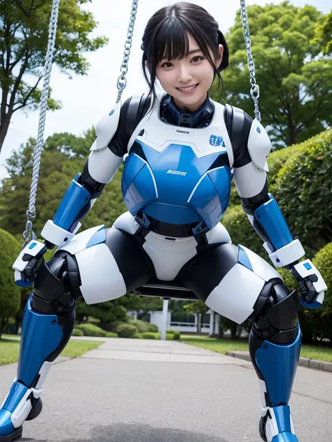 Japanese female android,Black Hair,White and blue robot suit,Plump,Riding on a swing in the park,smile