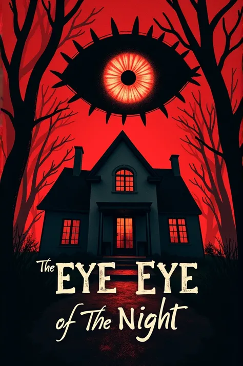 Couverture dun livre inspiré des films : Nightmare on Elm Street. Le fond de la couverture est rouge. En bas de la couverture il y a une maison francaise. Au dessus de la maison il y a un eoil. The title of the book is : The eye of the night. The author&#3...