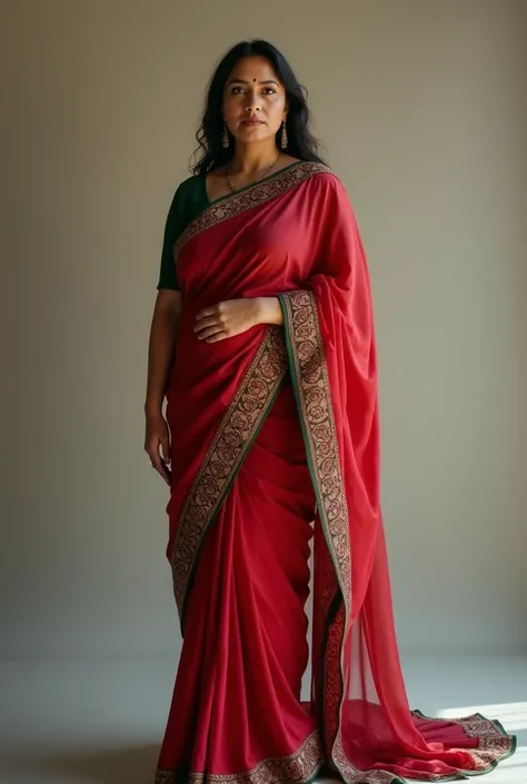 A Bangladeshi lady in saree, age 35, curvy body, dominant looking