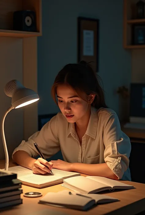 Girl studying in using this Desk Lamp Table Lamp 3 Color Dimming Lamp Desk Light  with Fan Work And Study Light 