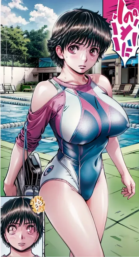 A beautiful woman with short hair, big breasts and beautiful legs is standing by the pool with her legs spread to the sides and blushing, wearing a bright pink high-cut competitive swimsuit with the arena logo and lettering on her chest.。A middle-aged man ...