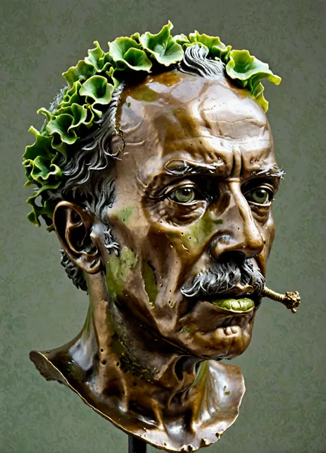 bronze head portrait of Jose Marti, half eaten by the green bronze fungus, on a neutral grey background