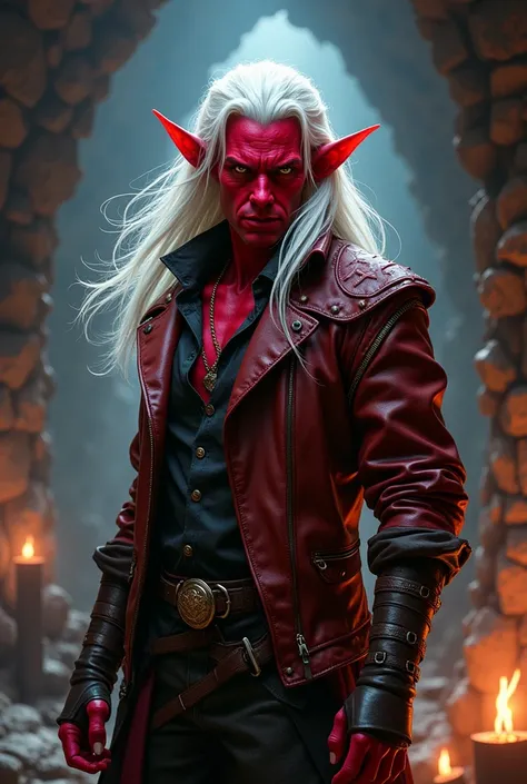 Tiefling, dungeon and dragons, white hair, red skin, jacket, 