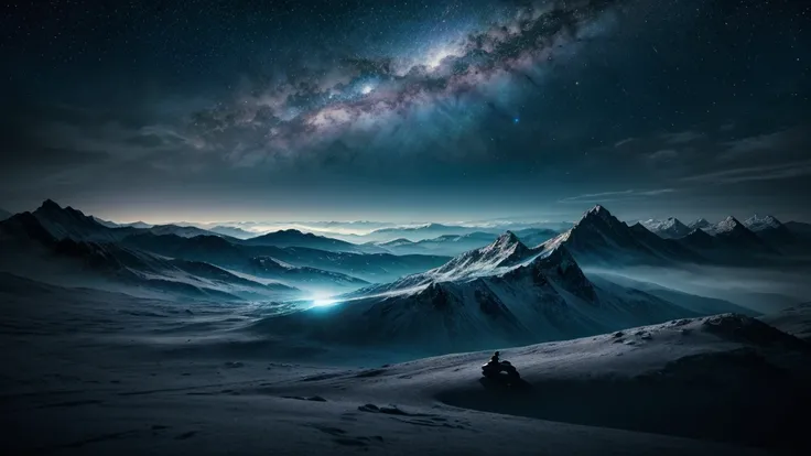 a lonely person standing in a galactic landscape, mysterious cosmic night sky, mountainous terrain, very tall mountains, person standing extremely far from the camera, magical dream scene, extremely dark terrain (best quality,4k,8k,highres,masterpiece:1.2)...