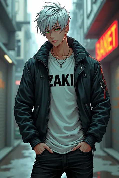 Erkek cocuk, pele caucasiana, 20 year, White hair, wearing black jeans, wearing black boots, White T-shirt and her name ZAKI has written on that, with brown aviator jacket, greeneyes,curved body, cocked ass, cyberpunk atmosphere, Raby, アニメ, .Smile,upper bo...