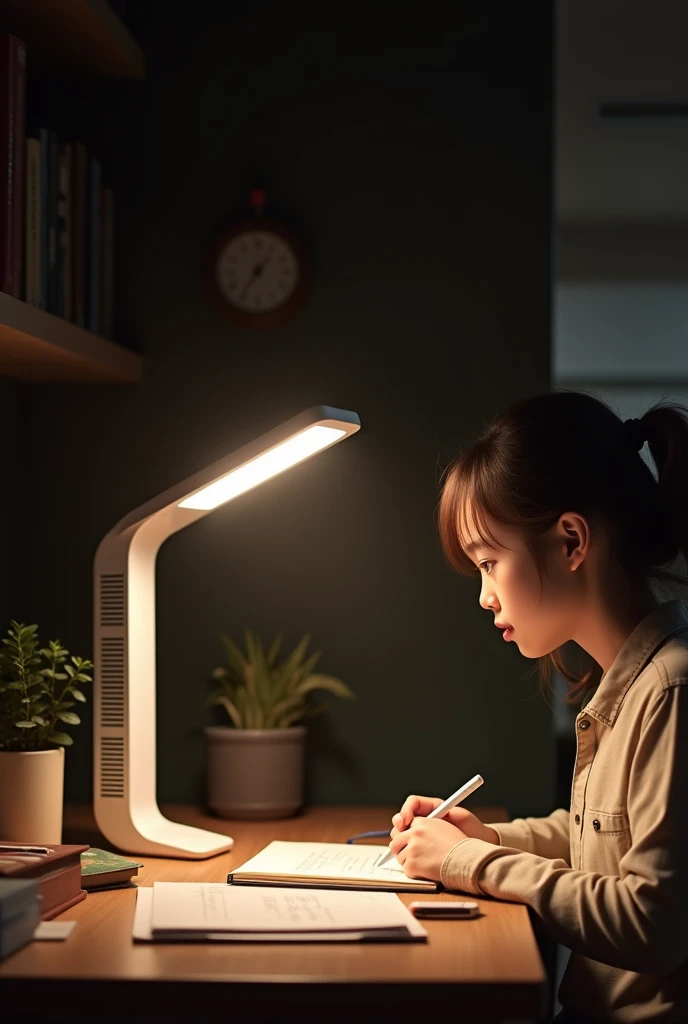 Girl studying in using this Desk Lamp Table with the long rectangle type Lamp 3 Color Dimming Lamp Desk Light  with Fan Work And Study Light 