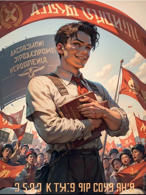 (best quality:1.2), man holding up a book，no russian letters，wide angle镜头，smile, profile,dynamic angle， red flag，soviet union, p...