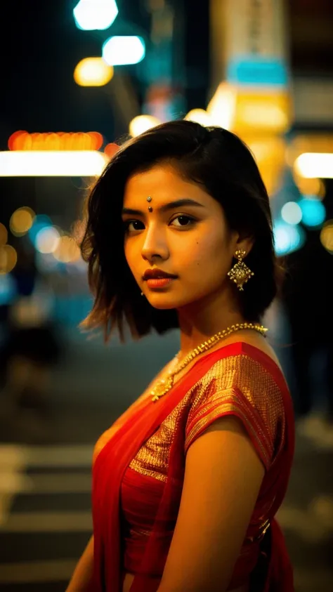 (Cinematic Aesthetic:1.4) Photo of a beautiful Indian Tamil young woman (Adriana Lima:0.6), wearing modern clothing, candid expressions, sharp focus on the subject, bokeh city night, beautiful composition 