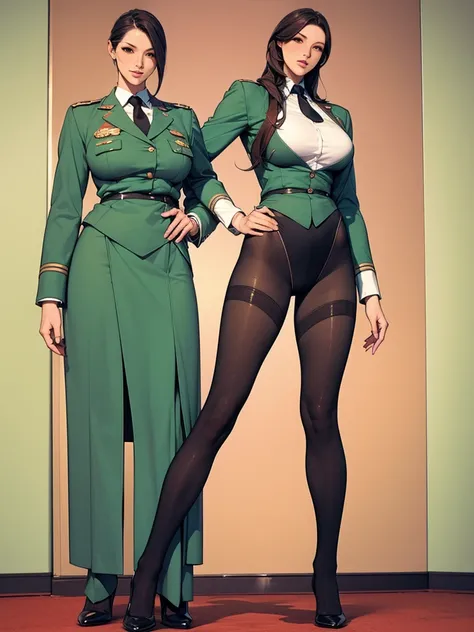 Full body picture：(masterpiece:1.2, best quality),(Very detailed),8K,wallpaper,3 women standing in a row,Full body picture，Wear the same clothes：Black pantyhose，Female Soldiers，military uniform，绿色military uniform，织物纹理military uniform，leotard，Dark green tie...