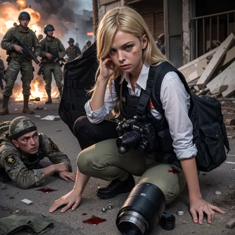 Blonde woman, war press photographer with a camera with a telephoto lens, blood on her clothes, war scene around her with explosions and whistling bullets, bodies on the ground, a vest bulletproof written PRESS on it