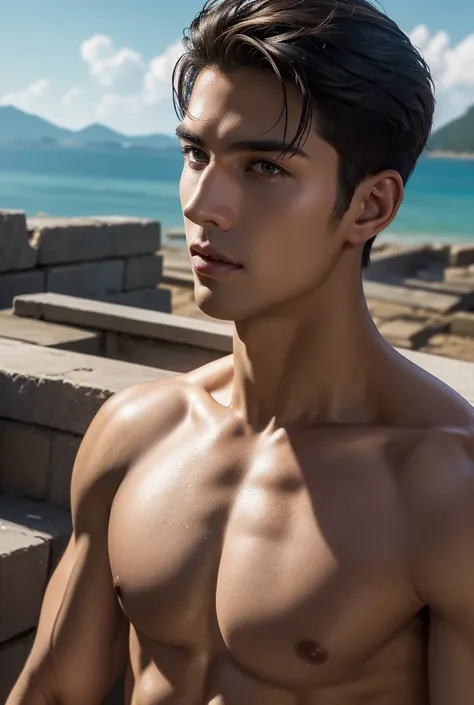 a tall handsome muscular young man, solo, extremely detailed face and body, (shiny smooth skin), hot glow in his skin, perfect facial features, beautiful eyes, short hairstyle, sexy gaze, looking at the viewer romantically, explorer, explorers clothes, anc...